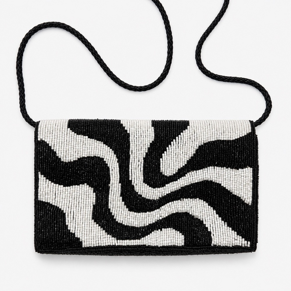 Vintage Walborg Beaded Zebra Shoulder Bag Black White Clutch Purse Statement Bag